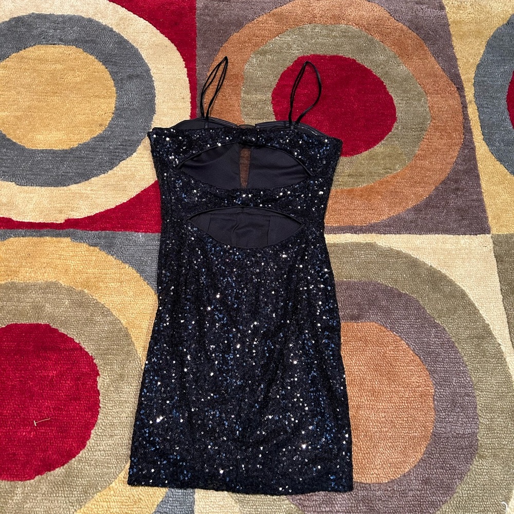 Hailey Logan by Adrianna Papell Black Sequin Mesh Front Open Back Mini Dress S - Picture 8 of 11